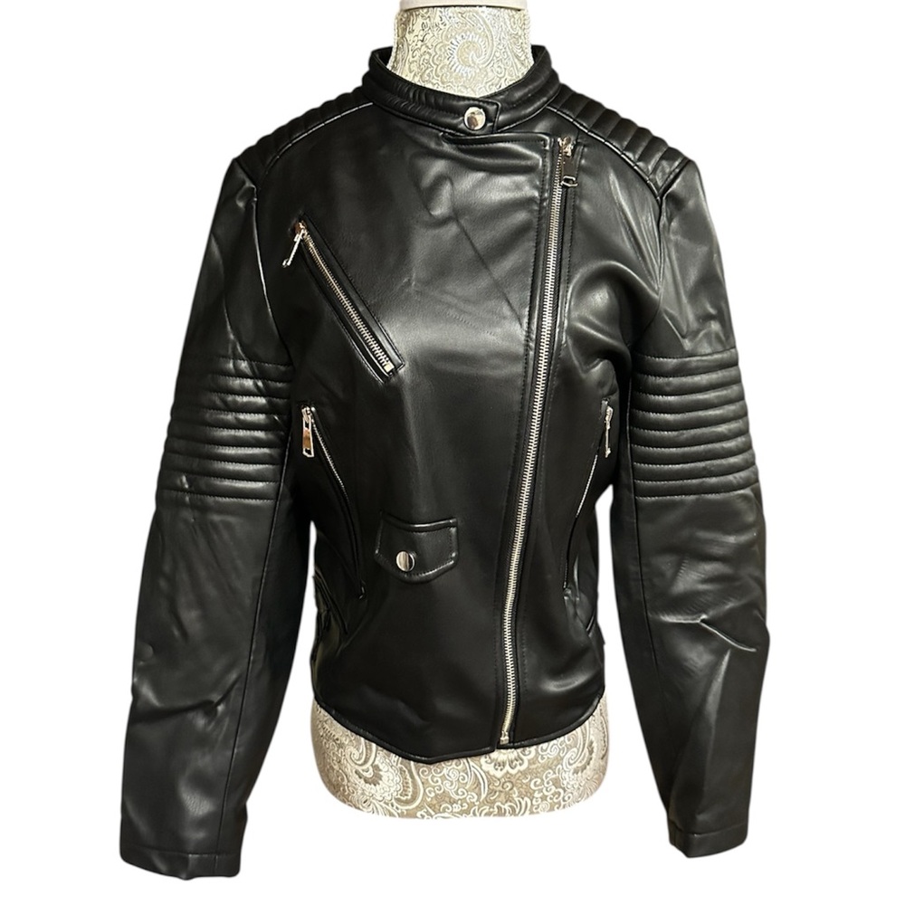 Zara Black Leather Moto Jacket Biker Festival Goth Grunge Rave Concert Size XL